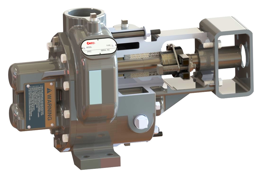 An image of a material pump with a cutaway view to show the internal shaft, bearing and seal.